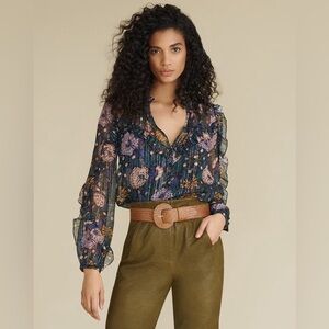 Veronica Beard Blue Floral Metallic Stripe Ruffle Silk Abra Blouse